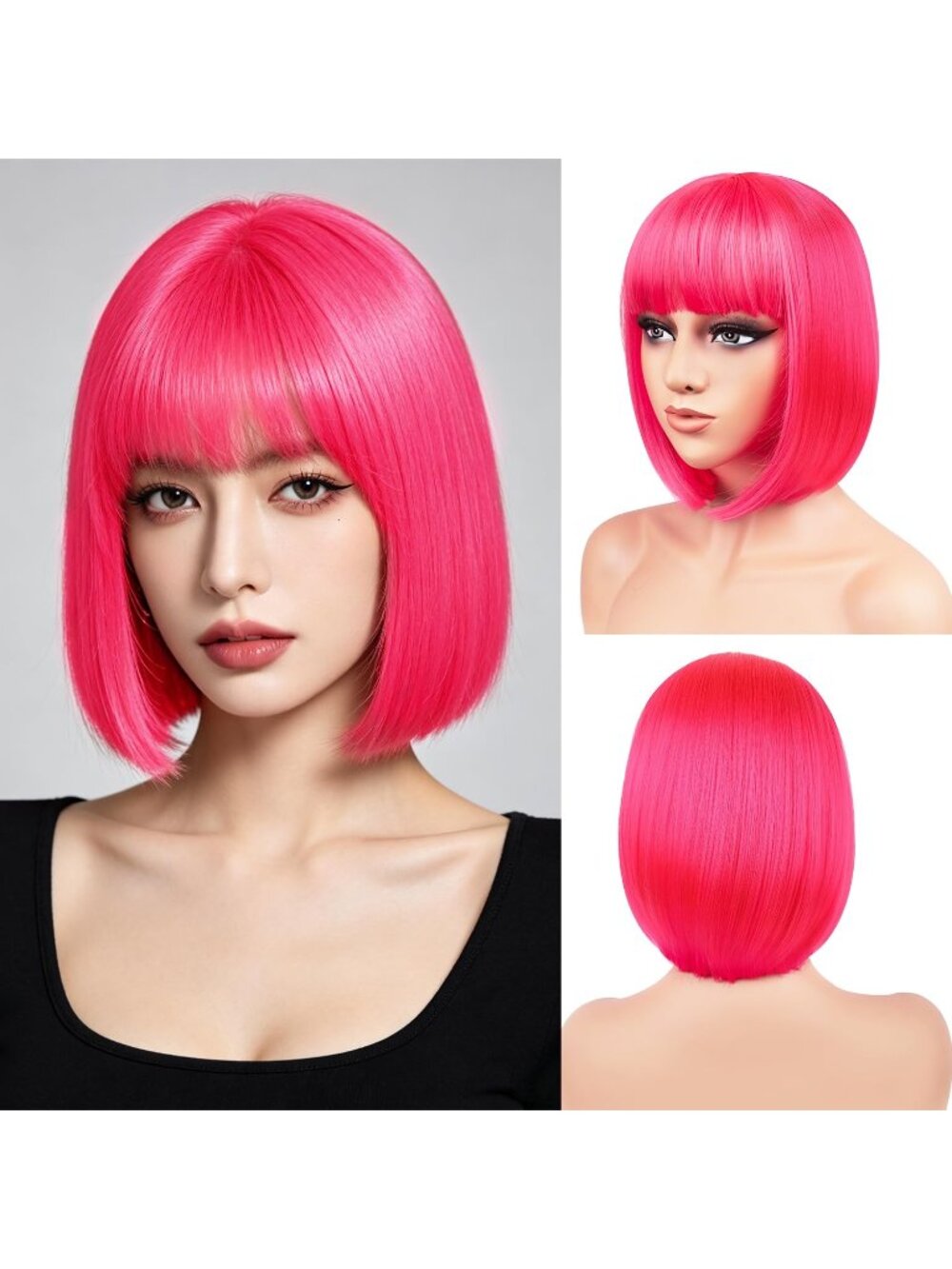 Women Hot Pink Heat Resistant Synthetic Bob Party Neon Wig Bangs 12 Inch